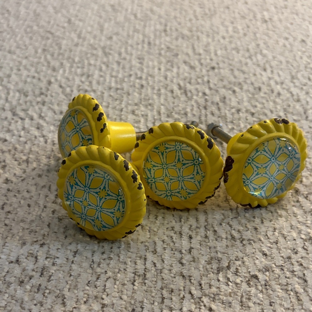 Yellow Decorative Knobs with Blue Pattern